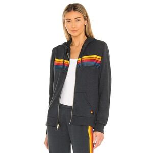 Aviator Nation Gray 5 Stripe Rainbow Zip Hoodie Sweatshirt Unisex Size Large